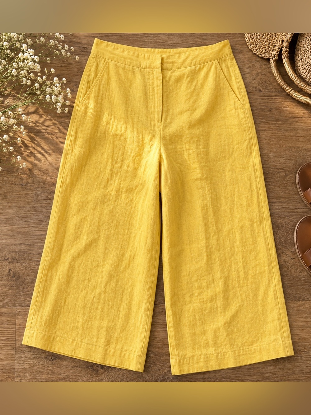 Bright lemon yellow 100% linen trousers by Rafaella size 12